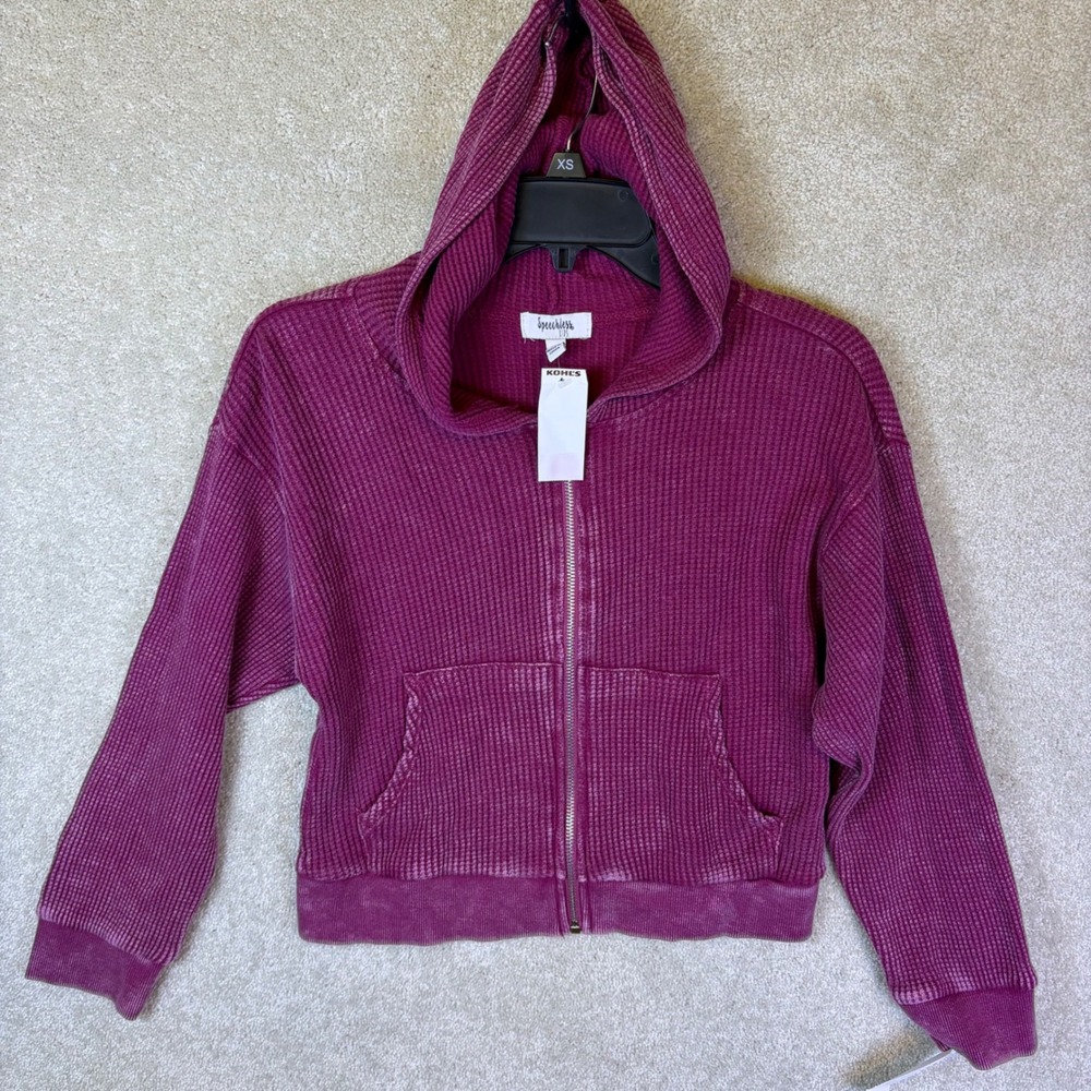 Speechless Kids Zip Hoodie Girls Large Purple Waffle Knit Distressed Faded NEW